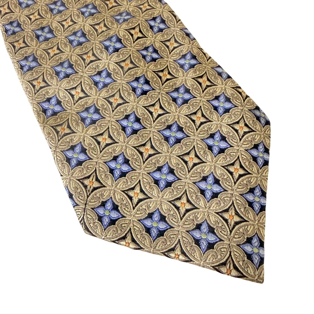 Emilio Ponti Necktie Men OS Tan Blue Geometric Medallion Silk Handmade Italy